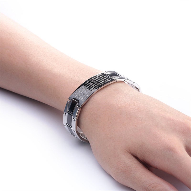 Bestdays Men's Vintage Stainless Steel Black Cross Silver English Bible Lords Prayer Religious Link Wrist Bracelet (cross middle, black silver, 7.9 inch) - Image 4